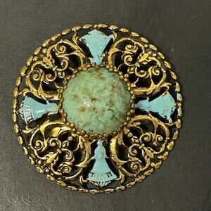 Antique Art Deco Brooch Filigree Faux Turquoise Stone Enamel Accents W. Germany